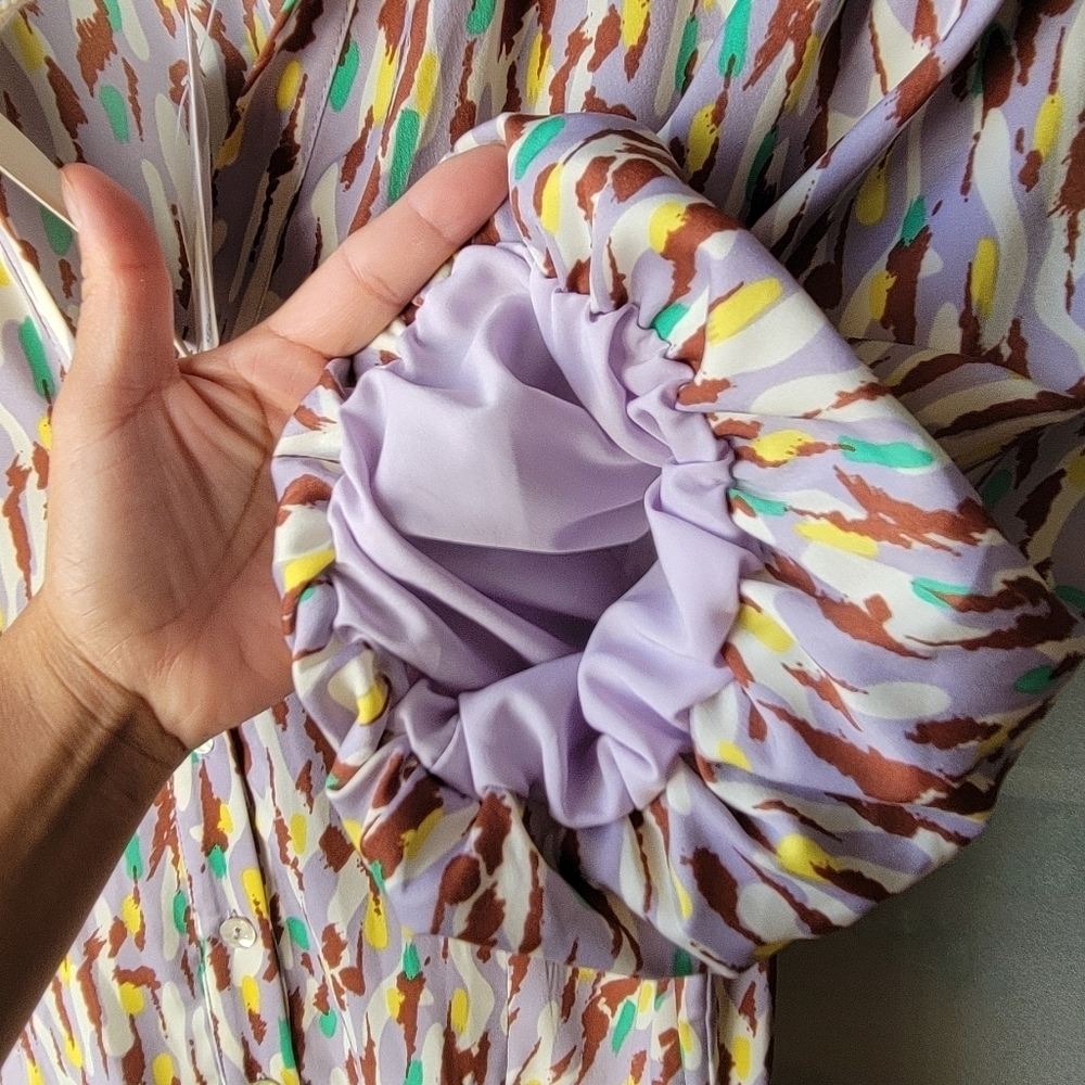 MELLODAY Puff Sleeve Satin Shirtdress Small Maxi Dress Button Down Purple Green - Picture 6 of 14